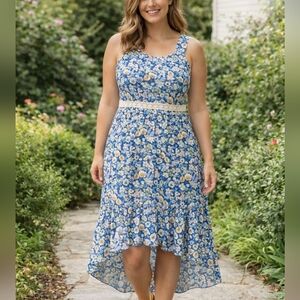 Hope & Ivy Blue Floral High Low Dress Lace Waist Cottagecore Romantic Size 16